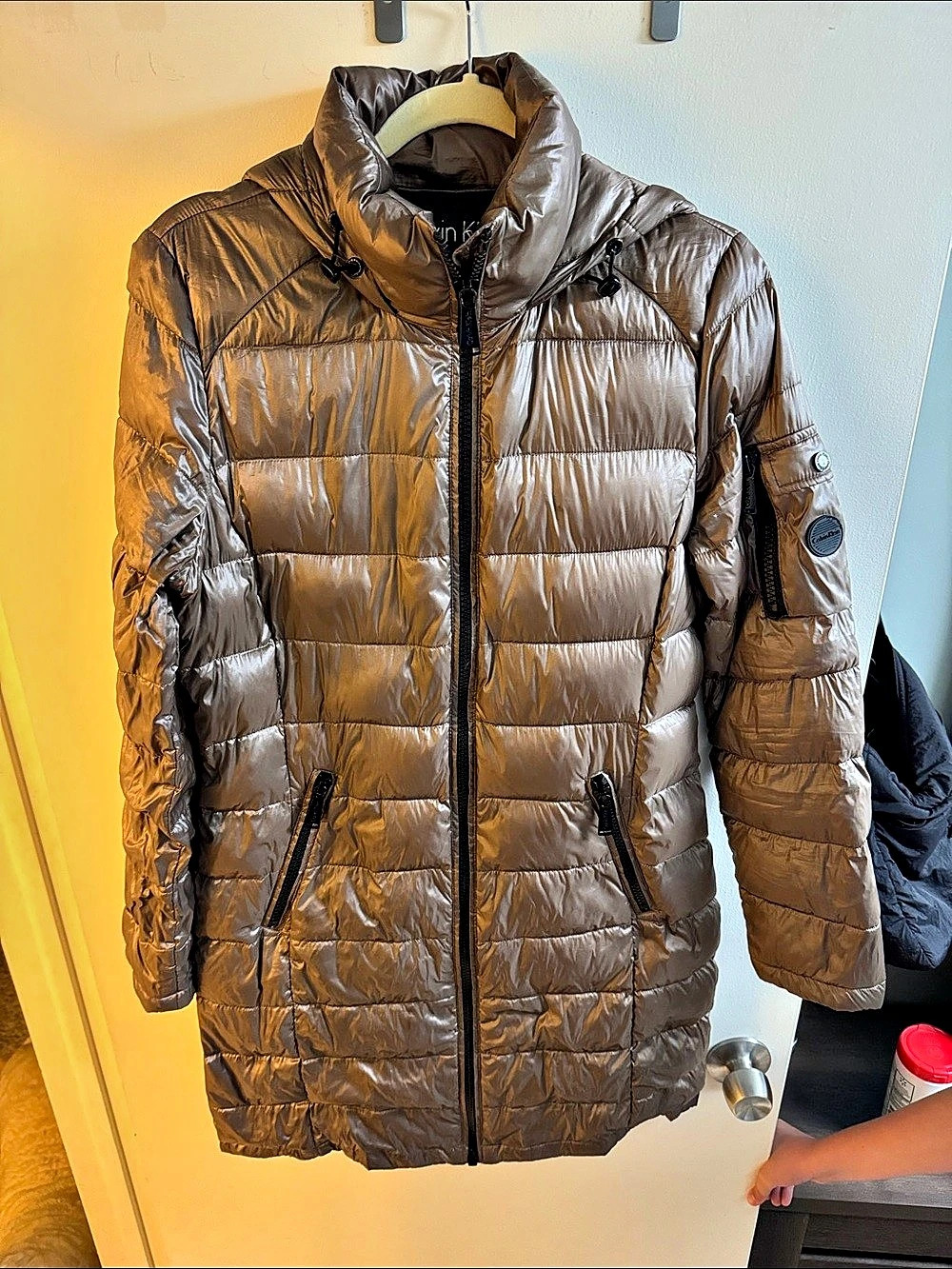 Calvin Klein Packable Lightweight Premium Down Packable Puffer in Metallic Brown